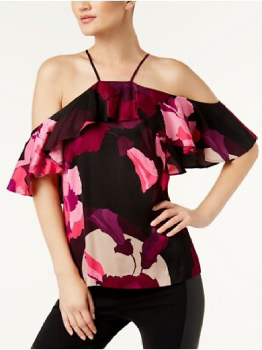 Trina Turk Black Cold-Shoulder Floral Ruffle Camisole in Pink and Purple